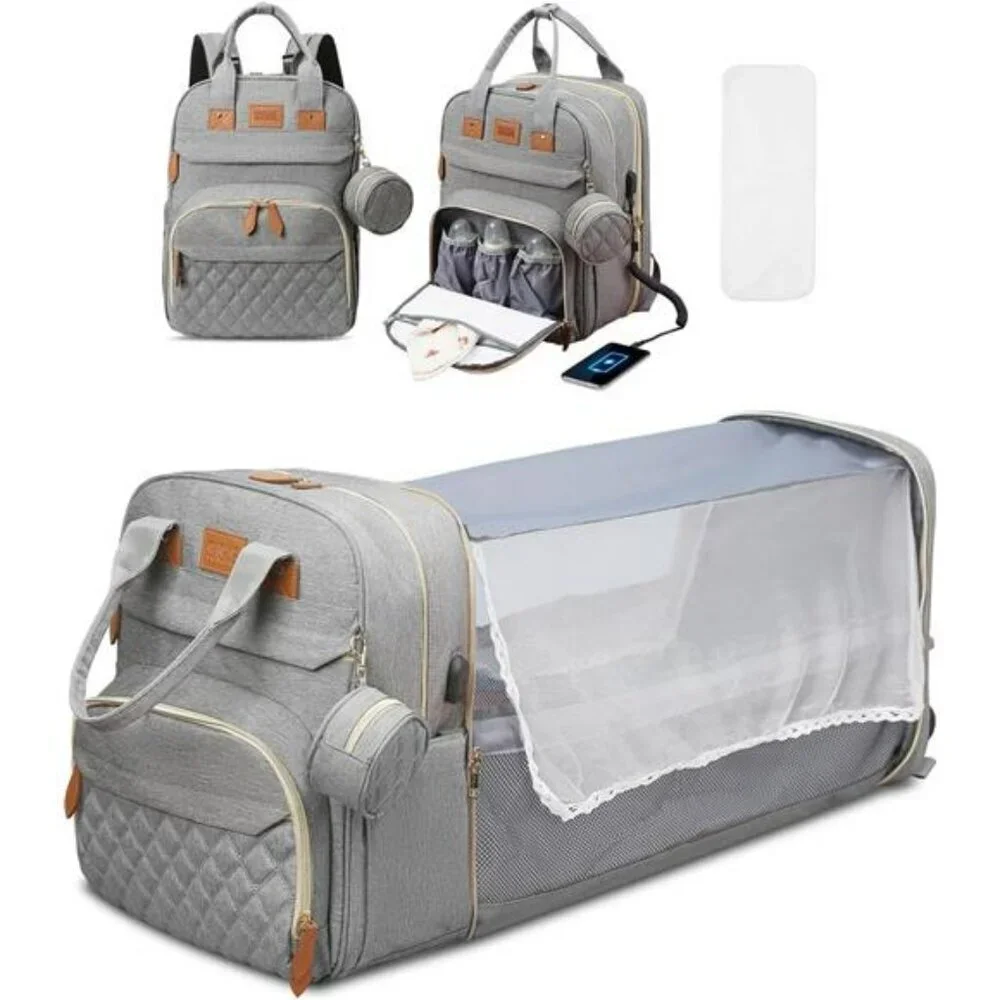 Large diaper bag backpack with changing station waterproof travel baby bag grey